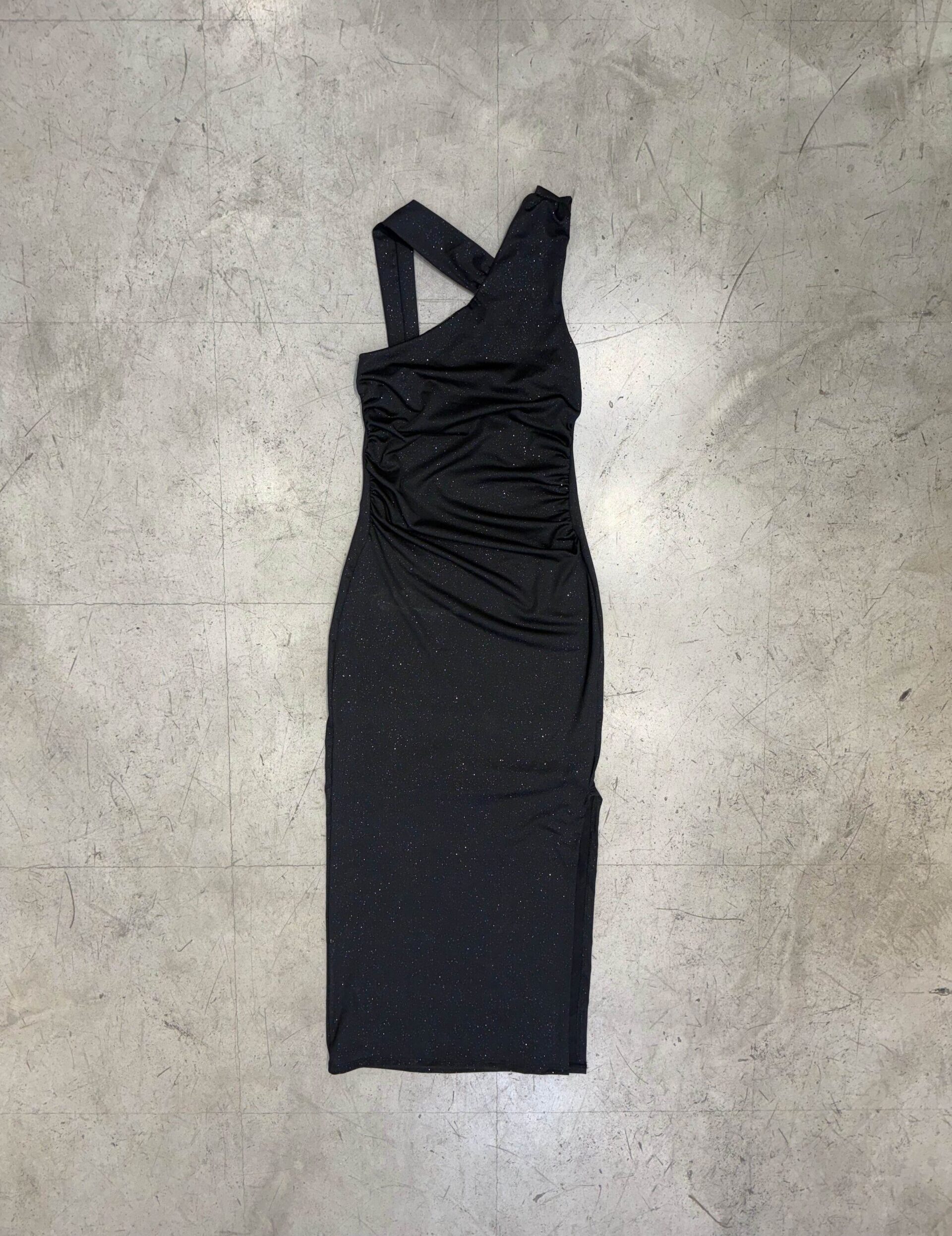 Vestido negro largo musculosa cruzado (microfibra glitter)