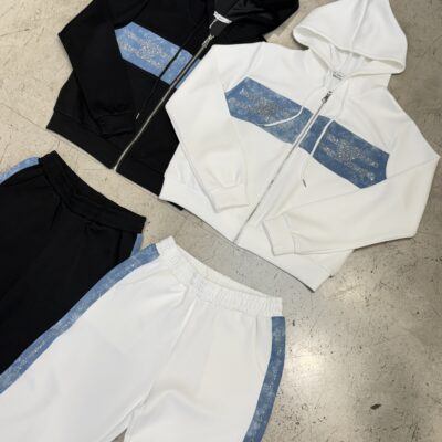 Conjunto Campera/Jogging con denim y strass