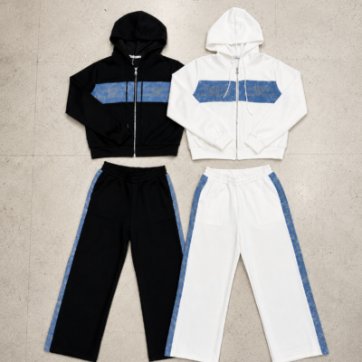 Conjunto Campera/Jogging con denim y strass