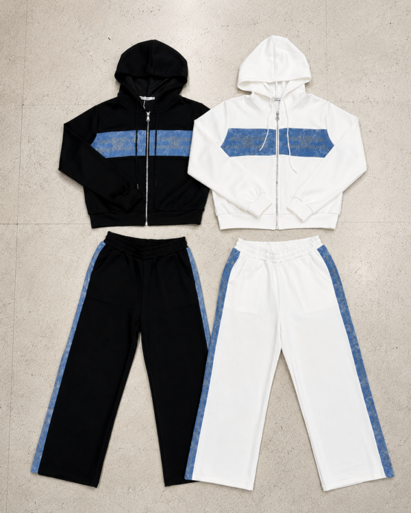 Conjunto Campera/Jogging con denim y strass