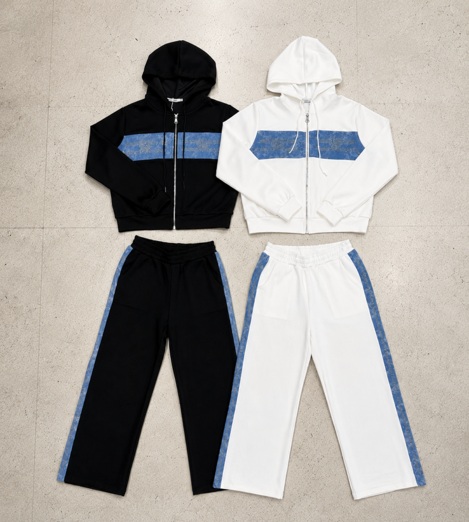 Conjunto Campera/Jogging con denim y strass