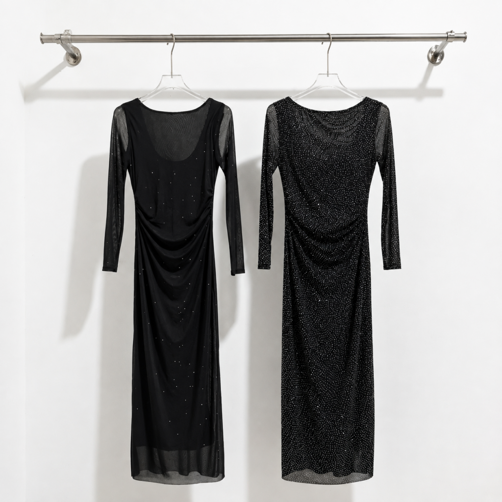 Vestido largo c. Brillo strass m.larga (microtul forrado)
