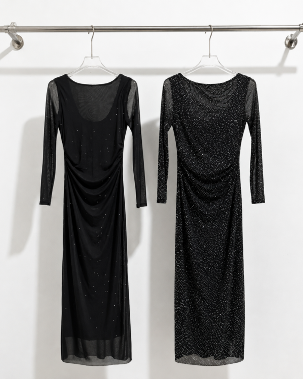 Vestido largo c. Brillo strass m.larga (microtul forrado)