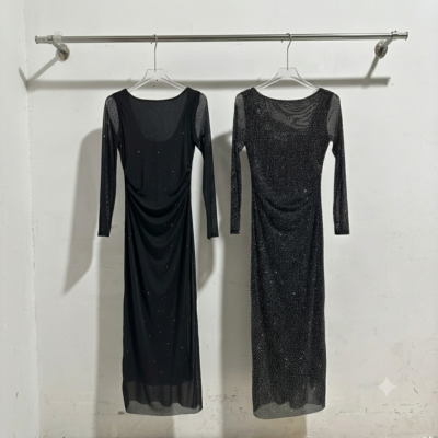 Vestido largo c. Brillo strass m.larga (microtul forrado)
